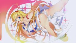 Rule 34 | 10s, 1girl, ass, blonde hair, blue eyes, blush, boots, breasts, butt crack, censored, choker, cutie honey, cutie honey universe, exploding clothes, female focus, hairband, kisaragi honey, large breasts, long hair, magical girl, nipples, official art, open mouth, solo, topless female, torn clothes, uncensored, very long hair, white boots, yuuki hagure