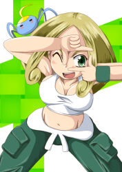 1girl bare_arms black_eyes blonde_hair blush_stickers breasts bug capri_pants cleavage collarbone finger_frame gen_3_pokemon green_eyes green_pants horns large_breasts midriff nintendo one_eye_closed open_mouth pants pokemon pokemon_(creature) pokemon_xy shirt short_hair single_horn sleeveless sleeveless_shirt smile soboro_(jitome_dan) spread_legs surskit viola_(pokemon) white_shirt wristband