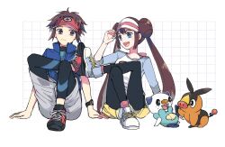1boy 1girl :d atsumi_yoshioka black_pantyhose blue_eyes blue_jacket bodysuit bodysuit_under_clothes brown_eyes brown_hair closed_mouth commentary_request gen_5_pokemon grey_shorts grid_background hand_on_headwear jacket long_hair nate_(pokemon) nintendo open_mouth oshawott pantyhose pokemon pokemon_(creature) pokemon_bw2 raglan_sleeves rosa_(pokemon) shirt shoes short_hair shorts sitting smile sneakers teeth tepig tongue twintails upper_teeth_only visor_cap xtransceiver yellow_shorts