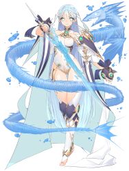 1girl blue_eyes breasts cape covered_navel dairoku_ryouhei dragon fuji_(tw) full_body highres holding holding_weapon leotard long_hair noel_bouillard small_breasts smile solo transparent_background very_long_hair weapon