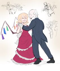 1boy 1girl absurdres adapted_costume black_footwear black_jacket black_pants blonde_hair closed_eyes crystal_wings dancing dress flandre_scarlet highres jacket japvs multiple_views old old_man pants pointy_ears red_dress short_hair simple_background touhou