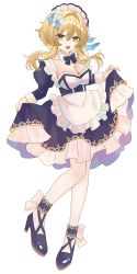 1girl :d absurdres alternate_costume apron black_shoes blonde_hair bow breasts cleavage commentary_request enmaided footwear_bow frilled_apron frilled_hairband frills full_body genshin_impact hair_between_eyes hairband high_heels highres ikurumidwd large_breasts long_sleeves looking_at_viewer lumine_(genshin_impact) maid maid_apron maid_headdress open_mouth puffy_long_sleeves puffy_sleeves shoes short_hair_with_long_locks simple_background skirt_hold smile solo white_apron white_background white_hairband yellow_eyes