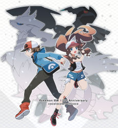 1boy 1girl anniversary bag baseball_cap black_vest blue_eyes blue_jacket brown_hair cocoloco commentary_request copyright_name denim denim_shorts gen_5_pokemon hat high_ponytail hilbert_(pokemon) hilda_(pokemon) holding holding_poke_ball jacket legendary_pokemon long_hair long_sleeves messenger_bag nintendo open_mouth poke_ball poke_ball_(basic) poke_ball_print pokemon pokemon_(creature) pokemon_bw ponytail red_footwear red_headwear reshiram shirt shoes short_hair shorts shoulder_bag sidelocks sleeveless sleeveless_shirt vest white_shirt wristband zekrom