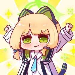 Rule 34 | &gt;:), 1girl, animal ear headphones, animal ears, arms up, black tail, blonde hair, blue archive, blue necktie, blush, bow, buttons, cat ear headphones, cat ears, cat tail, chibi, chibi only, chinese commentary, clenched hands, closed mouth, collared shirt, commentary request, fake animal ears, fake tail, green bow, green eyes, green halo, green jacket, hair bow, halo, headphones, jacket, long sleeves, looking at viewer, low-tied sidelocks, midori (blue archive), multicolored jacket, necktie, nuansede kekeya, open clothes, open jacket, raised fists, school uniform, shirt, sidelocks, smile, solo, sparkle, sunburst, sunburst background, tail, upper body, v-shaped eyebrows, white jacket, white shirt, yellow background