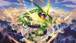 animal_focus black_sclera blue_sky claws cloud colored_sclera day debris dragon eastern_dragon electricity gen_3_pokemon highres legendary_pokemon mega_pokemon mega_rayquaza meteor murayama_ryota nintendo no_humans official_art open_mouth pokemon pokemon_(creature) pokemon_focus pokemon_tcg rayquaza red_eyes sky solo third-party_source