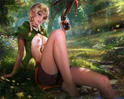 1girl bare_legs barefoot blonde_hair blue_eyes blush bow_(weapon) braid breasts breasts_out compass crossbow dappled_sunlight demonlorddante feet freckles linkle nature nipples outdoors patreon_username pointy_ears river shiny_skin shorts solo_focus sunlight twin_braids watermark weapon