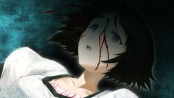 Rule 34 | 1girl, aqua eyes, black bow, black hair, black trim, bleeding, blood, blood from forehead, blood splatter, blue dress, blue eyes, bow, breasts, bullet hole, chest bow, collar, collarbone, crying, crying with eyes open, death, dim lighting, dress, falling, flying teardrops, frilled collar, frills, game cg, gunshot wound, headshot, highres, huke, medium breasts, medium hair, official art, open mouth, pink frills, puffy short sleeves, puffy sleeves, ringed eyes, shiina mayuri, shiny lips, short sleeves, solo, square pupils, steins;gate, tareme, tearing up, tears, tongue