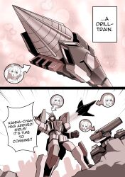 4girls absurdres altronage armor double_bun drill english_text glasses hair_bun highres long_hair mecha mecha_focus monochrome multiple_girls open_mouth original robot science_fiction short_hair standing super_robot twintails v-fin weapon wings