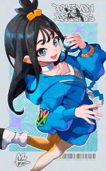 1girl black_hair blue_hoodie blush bracelet choker cube_hair_ornament from_above grey_eyes hair_ornament holding holding_poke_ball hood hoodie jewelry leg_warmers lida_(pokemon) long_hair long_sleeves nintendo open_mouth poke_ball pokemon pokemon_legends:_z-a rainys_bill solo standing standing_on_one_leg topknot two-tone_legwear