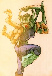 1girl angry bandages belt belt_pouch bengus bodysuit bracer capcom clenched_teeth crossed_arms extra_arms facing_to_the_side fake_horns game_cg grey_armor grey_hair grey_helmet helmet highres horned_helmet horns leg_up leg_warmers long_hair marvel marvel_vs._capcom marvel_vs._capcom_2 no_pupils non-web_source official_art pouch scan sidelighting simple_background solo spiral_(marvel) standing standing_on_one_leg teeth x-men