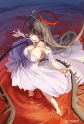 1girl absurdres antenna_hair artist_name black_hair black_wings blood blood_halo blue_archive breasts cleavage commentary_request dress halo highres large_breasts liquid_halo long_hair low_wings melting_halo open_mouth red_eyes red_halo red_water smile solo syc2159 tsurugi_(blue_archive) tsurugi_(dress)_(blue_archive) wading white_dress wings
