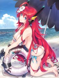 Rule 34 | 1girl, absurdres, ahoge, ass, barefoot, beach, bikini, blue eyes, blue sky, breasts, cleavage, cloud, feet, female focus, flower, hair flower, hair ornament, high school dxd, highres, innertube, kneeling, large breasts, long hair, looking at viewer, miyama-zero, ocean, parasol, red hair, rias gremory, sandals, skindentation, sky, smile, solo, swim ring, swimsuit, thong, toes, umbrella, very long hair