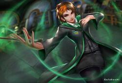 Rule 34 | 1girl, black leggings, black skirt, brown hair, cowboy shot, galakushi, green necktie, hands up, harry potter: hogwarts mystery, harry potter (series), hogwarts school uniform, holding, holding wand, indoors, leggings, merula snyde, multicolored hair, necktie, non-web source, orange hair, purple eyes, robe, school uniform, skirt, slytherin, solo, two-tone hair, wand, wizarding world