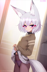 1girl absurdres animal_ears breasts brown_sweater chenki_(chenki) closed_mouth clothes_lift fox_ears fox_girl fox_tail highres navel necktie panties panties_under_pantyhose pantyhose phase_connect purple_eyes skirt skirt_lift small_breasts smile solo sweater tail tenma_maemi underwear virtual_youtuber white_hair white_necktie white_skirt