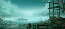 animal bird chinese_commentary commentary_request fog highres jiuwangyuyan lake no_humans original plant scenery simple_bird table tree water watercraft wheel wooden_table