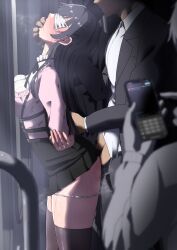 1girl 2boys against_glass against_wall arched_back arms_behind_back belt black_belt black_hair black_ribbon black_skirt black_thighhighs blindfold blush breast_press breasts breasts_on_glass breath cellphone chat_log chikan covered_eyes covered_penetration finger_in_another&#039;s_mouth formal_clothes from_side grin hands_behind hetero hidden_eyes highres holding holding_phone idolmaster idolmaster_shiny_colors improvised_blindfold jirai_kei mask mayuzumi_fuyuko medium_breasts molestation mouth_mask multiple_boys neck_ribbon open_belt open_fly panties panties_around_leg panty_pull phone pink_shirt pleated_skirt rape ribbon sex sex_from_behind shirt skirt smartphone smile standing standing_sex stealth_sex steaming_body suit sweat text_messaging thighhighs train train_interior translation_request tweet underwear white_mask white_panties zetsu_red