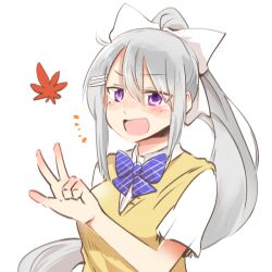 1girl :d autumn_leaves blue_bow blush_stickers bow chibi collared_shirt grey_hair hair_between_eyes hair_bow hair_ornament hairclip hand_up higuchi_kaede higuchi_kaede_(3rd_costume) leaf long_hair maple_leaf nijisanji open_mouth ponytail rebecca_(keinelove) shirt short_sleeves simple_background smile solo sweater_vest upper_body v-shaped_eyebrows very_long_hair virtual_youtuber white_background white_bow white_shirt