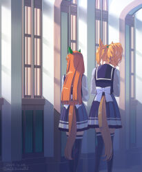 2023 2girls animal_ears back_bow blonde_hair blunt_ends bow clothing_cutout dated ear_covers feet_out_of_frame from_behind highres horse_ears horse_girl horse_tail horseshoe_ornament indoors long_hair long_sleeves looking_to_the_side multiple_girls orange_hair ponytail puffy_long_sleeves puffy_sleeves purple_shirt purple_skirt purple_thighhighs sailor_collar school_uniform shadow shirt short_hair silence_suzuka_(umamusume) skirt taiki_shuttle_(umamusume) tail tail_through_clothes takuzui thighhighs tracen_school_uniform twitter_username umamusume walking window winter_uniform zettai_ryouiki
