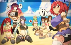 bdsm beach bondage bound breasts character_request cloud crossover gagged highres jam-orbital kneeling large_breasts legs rope sky thighs