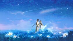 Rule 34 | 1boy, 1girl, bare shoulders, black hair, couple, detached sleeves, dress, genshin impact, glaze lily, grey hair, guizhong (genshin impact), highres, light smile, long hair, low ponytail, memory of dust (genshin impact), ponytail, sky, smile, star (sky), starry sky, ycn1184257, zhongli (genshin impact)