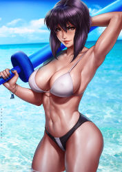 1girl alternate_costume arm_behind_head arm_up armpits artificial_eye artist_name bare_shoulders beach bikini black_bikini blue_nails blue_sky bracelet breasts cleavage closed_mouth cloud collarbone covered_erect_nipples curvy dandon_fuga day female_focus foam ghost_in_the_shell ghost_in_the_shell:_stand_alone_complex hair_between_eyes highleg highleg_bikini highres holding holding_sword holding_toy holding_weapon jewelry kusanagi_motoko large_breasts lips looking_at_viewer mecha mechanical_eye mismatched_bikini nail_polish navel ocean outdoors partially_submerged pinup_(style) purple_hair realistic red_eyes robot shiny_skin short_hair sideboob sky smile solo standing string_bikini swimsuit sword toned toned_female toy wading walker_(robot) water waves weapon white_bikini