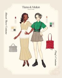 Rule 34 | black hair, brown hair, company connection, contemporary, dark-skinned female, dark skin, dress, fa mulan (disney), full body, hair bun, highres, long hair, looking at viewer, meecosme, mulan (movie), multiple girls, short hair, smile, tagme, the princess and the frog, tiana (the princess and the frog)