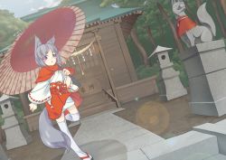 Rule 34 | 1girl, amahi (kannari noboru), animal ears, blush stickers, box, day, donation box, dutch angle, female focus, fox ears, fox statue, fox tail, highres, inari, japanese clothes, kannari noboru, leg up, lens flare, miko, oil-paper umbrella, original, outdoors, parted lips, ponytail, purple eyes, rope, sandals, shimenawa, short hair, short ponytail, shrine, shrine bell, silver hair, solo, standing, standing on one leg, statue, stone lantern, tabi, tail, thighhighs, tree, umbrella, white thighhighs, zouri