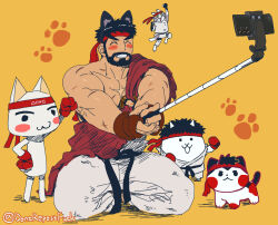 1other 2boys :3 animal_ears bare_pectorals beard belt black_belt black_eyes black_hair blush_stickers boxing_gloves brown_gloves cat cat_(nyanko_daisensou) cat_ears closed_eyes closed_mouth d_i_l_f_hunter doko_demo_issho dougi facial_hair fingerless_gloves genba_neko_(character) gloves grin hachimaki_(neco_drop) headband highres holding inoue_toro karate_gi kemonomimi_mode male_focus martial_arts_belt multiple_boys multiple_scars muscular muscular_male neco_drop nyanko_daisensou o-ring open_mouth pants pectorals red_headband ryu_(street_fighter) scar selfie_stick shigoto_neko short_hair simple_background smile street_fighter street_fighter_6 twitter_username white_pants yellow_background