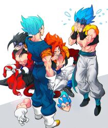 Rule 34 | black hair, blue eyes, blue sash, closed mouth, dougi, dragon ball, dragon ball gt, dragon ball heroes, dragon ball super, earrings, gloves, gogeta, highres, jewelry, long hair, male focus, metamoran vest, monkey boy, monkey tail, multiple boys, muscular, muscular male, ommmyoh, open mouth, pants, potara earrings, red fur, saiyan, sash, sh figuarts, spiked hair, super saiyan, super saiyan 4, super saiyan blue, tail, time patrol (dragon ball), twitter username, vegetto, vegetto (xeno), wristband