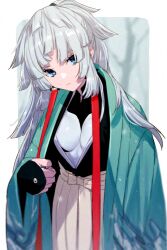 1girl black_bodysuit black_kimono blurry blurry_background bodysuit bodysuit_under_clothes border bow bow_skirt breasts breasts_apart brown_skirt closed_mouth covered_erect_nipples earrings echo_(circa) fate/grand_order fate/samurai_remnant fate_(series) green_eyes green_hakama green_kimono hair_ribbon hakama hakama_skirt japanese_clothes jewelry kimono leaning_forward long_hair long_sleeves looking_at_viewer medium_breasts open_clothes open_kimono parted_bangs pleated_skirt ponytail print_hakama ribbon sidelocks skirt snow solo turtleneck two-tone_bodysuit white_background white_bodysuit white_border white_hair white_hakama wide_sleeves yui_shousetsu_(fate) yui_shousetsu_(first_ascension)_(fate) yui_shousetsu_(second_ascension)_(fate)