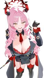 1girl absurdres black_coat black_gloves black_horns blue_archive bra bra_peek breasts cleavage coat coin coin_on_string demon_horns gloves halo highres holding holding_pendulum holed_coin horns huge_breasts large_breasts long_hair long_sleeves looking_at_viewer mole mole_on_breast multicolored_horns n3ow necktie open_mouth parted_bangs pendulum pink_hair red_bra red_garter_straps red_halo red_horns red_necktie red_thighhighs red_wrist_cuffs satsuki_(blue_archive) short_necktie simple_background solo thighhighs two-tone_horns underwear very_long_hair white_background wrist_cuffs yellow_eyes
