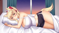 Rule 34 | 1girl, animal ears, bed, bedroom, black shorts, blanket, blonde hair, blush, borrowed character, bow, breasts, cat ears, cat girl, cat tail, cleavage, curtains, hair bow, hugging object, keshigomu, large breasts, long hair, looking at viewer, lying, midriff, multicolored hair, navel, night, night sky, on bed, orange sky, original, pillow, pillow hug, ponytail, red bow, red eyes, red hair, shirt, shorts, sky, slit pupils, smile, star (sky), starry sky, strap slip, streaked hair, sunset, tail, tank top, tiffy (nottytiffy), white shirt, window