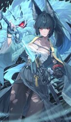 1girl animal_ear_fluff animal_ears bandaged_chest black_hair blunt_bangs breasts closed_mouth fox_ears fox_girl highres holding holding_sword holding_weapon hoshimi_miyabi long_hair looking_at_viewer netural pantyhose red_eyes sheath solo sword torn_clothes torn_pantyhose unsheathing weapon zenless_zone_zero