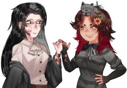+_+ 2girls animal animal_on_head artist_name bracelet breasts buttons cat creature_and_personification eyelashes eyeliner flower freckles friends glasses hair_flower hair_ornament injury jacket jewelry jouken1douji lace light_smile long_hair long_sleeves looking_at_another makeup medium_breasts moon_(symbol) multicolored_hair multiple_girls nail_polish on_head open_clothes open_jacket original personification shirt signature simple_background sleeping smile star_(symbol) striped_clothes striped_shirt sun_symbol tongue tongue_out upper_body white_background