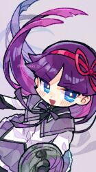 1girl akemi_homura akemi_homura_(cosplay) akemi_homura_(magical_girl) blue_eyes blush bright_pupils cosplay doradorakingyo dot_nose feli_(puyopuyo) floating_hair grey_background looking_at_viewer mahou_shoujo_madoka_magica open_mouth purple_background purple_hair purple_ribbon puyopuyo puyopuyo_fever puyopuyo_quest red_ribbon ribbon shirt solo white_pupils white_shirt