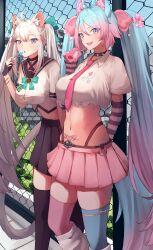 2girls absurdres asymmetrical_legwear black_choker black_skirt black_socks candy choker copyright_request food highres holding holding_candy holding_food holding_lollipop indie_virtual_youtuber juice_box lollipop mismatched_legwear mozzu123 multiple_girls pink_skirt school_uniform silvervale skirt socks torn_clothes twintails vei_(vtuber) virtual_youtuber