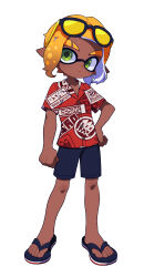 1boy absurdres black-framed_eyewear blonde_hair blue_sandals blue_shorts brown_hair clenched_hand closed_mouth collared_shirt commentary_request dark-skinned_male dark_skin eyebrow_cut eyewear_on_head flip-flops full_body gradient_hair green_eyes hand_on_own_hip highres inkling inkling_boy inkling_player_character looking_at_viewer male_focus multicolored_hair nintendo pointy_ears print_shirt red_shirt sandals shirt short_hair short_sleeves shorts simple_background solo splatoon_(series) standing sunglasses surume01417 tentacle_hair thick_eyebrows tinted_eyewear white_background yellow-tinted_eyewear
