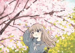 1girl :d absurdres black_eyes blue_sailor_collar blue_shirt blush cherry_blossoms day dot_nose floating_hair hair_ornament hairclip hairpin hand_on_own_head highres light_brown_hair long_hair looking_at_viewer neckerchief open_mouth original outdoors sailor_collar sasaxxxx06 school_uniform shirt sidelocks smile solo straight_hair strap_slip tree twitter_username upper_body white_neckerchief