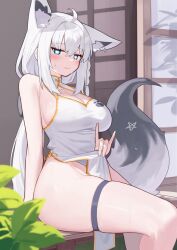 1girl \m/ absurdres ahoge alternate_costume animal_ear_fluff animal_ear_piercing animal_ears bare_shoulders breasts china_dress chinese_clothes cleavage cleavage_cutout closed_mouth clothes_lift clothing_cutout commentary_request deaver dress extra_ears fox_ears fox_girl fox_tail gold_panties gold_trim heart heart-shaped_pupils highres hololive large_breasts lifting_own_clothes long_hair looking_at_viewer no_panties on_table paw_print pelvic_curtain pelvic_curtain_lift pentagram shirakami_fubuki sitting sleeveless sleeveless_dress solo symbol-shaped_pupils table tail thick_thighs thigh_strap thighs virtual_youtuber white_dress white_hair