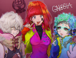 Rule 34 | 1boy, 1girl, 1other, androgynous, blue eyes, blunt bangs, chiimako, corruption, dark persona, detached sleeves, earrings, facepaint, feathers, gnosia, green hair, hair between eyes, heart, heart earrings, jewelry, long hair, long sleeves, looking at viewer, nail polish, other focus, raqio, red eyes, red hair, remnan (gnosia), shirt, short hair, smile, sq (gnosia), tattoo, upper body