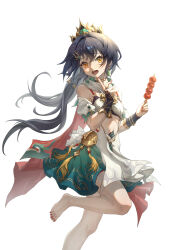 1girl :d absurdres arnocn bare_shoulders barefoot chinese_commentary choker commentary earrings foot_out_of_frame grey_hair hair_ornament hairclip hand_on_own_chin hands_up headpiece highres holding holding_skewer honkai:_star_rail honkai_(series) jewelry leg_up long_hair looking_at_viewer low_twintails nail_polish open_mouth orange_nails simple_background single_earring skewer smile solo tanghulu tassel teeth toenail_polish toenails twintails upper_teeth_only white_background yellow_eyes yunli_(honkai:_star_rail)