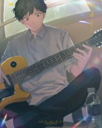 Rule 34 | 1boy, black hair, black pants, blue eyes, character name, closed mouth, collared shirt, commentary, dress shirt, electric guitar, futsuu no keion-bu, guitar, highres, holding, holding guitar, holding instrument, indian style, indoors, instrument, kamosige, looking down, male focus, mizuo haruichi, pants, plastic bottle, sandals, school uniform, shirt, short hair, sitting, solo, viewfinder, white shirt, window