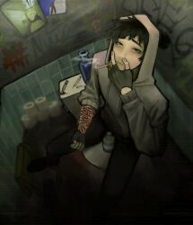 1boy :/ absurdres bag bags_under_eyes bathroom black_eyes black_gloves black_hair bloodshot_eyes bottle boxcutter cigarette cry_of_fear fingerless_gloves from_above full_body gloves graffiti grey_hoodie highres holding holding_cigarette hood hood_up hoodie implied_self-harm ji01_jiji male_focus mirror on_toilet self-harm short_hair shoulder_bag simon_henriksson sitting sleeves_rolled_up smoke smoking solo syringe tile_wall tiles toilet toilet_paper track_marks wrist_cutting