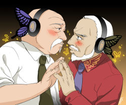 07th_expansion 2boys bald blush bug butterfly butterfly_hair_ornament eye_contact face-to-face facial_hair hair_ornament headphones hinohino insect looking_at_another magnet_(vocaloid) male_focus multiple_boys mustache nanjou_terumasa no_naku_koro_ni_(series) old old_man parody umineko_no_naku_koro_ni ushiromiya_kinzou vocaloid what yamaha yaoi