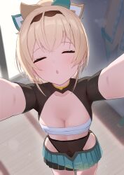 1girl ahoge black_hairband black_shorts black_shrug blonde_hair blurry blurry_background bow breasts chest_sarashi cleavage closed_eyes commentary_request covered_navel crossed_bangs day double-parted_bangs egasumi facing_viewer green_skirt hair_between_eyes hair_bow hairband hakama hakama_short_skirt hakama_skirt high-waist_shorts high_collar highres hip_vent hololive incoming_kiss indoors japanese_clothes kazama_iroha kazama_iroha_(1st_costume) long_hair medium_breasts multicolored_skirt open_mouth outstretched_arms pleated_skirt ponytail pov reaching reaching_towards_viewer sarashi shoreen0504 shorts shorts_under_skirt shrug_(clothing) skirt solo standing unworn_haori virtual_youtuber wooden_floor