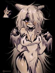1girl absurdres animal_ears bare_legs bare_shoulders black_background black_eyes black_eyeshadow blonde_hair blush_stickers breasts claw_pose cleavage collarbone commentary covered_navel cowboy_shot creatures_(company) dress english_commentary eyeshadow female_focus game_freak gen_7_pokemon ghost_girl hair_over_one_eye highres humanization large_breasts long_eyelashes long_hair long_sleeves makeup megrocks messy_hair mimikyu nintendo patreon_username pikachu_ears pokemon pokemon_(creature) ringed_eyes simple_background smile solo thick_thighs thighs torn_clothes torn_dress wavy_mouth wide_sleeves