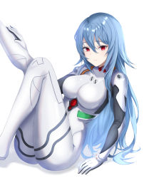 1girl absurdres alternate_hairstyle ayanami_rei blue_hair bodysuit breasts closed_mouth hand_on_floor highres leg_up long_hair long_sleeves looking_at_viewer mecha_pilot_suit medium_breasts neon_genesis_evangelion on_floor plugsuit_(evangelion) raurashun red_eyes smile solo tight_clothes white_background white_bodysuit