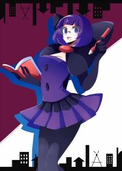 1girl black_gloves black_pantyhose blunt_bangs bob_cut book bow breasts buttons cleavage commentary_request creatures_(company) elbow_gloves game_freak glasses gloves highres holding holding_book holding_pen large_bow low-cut medium_breasts nintendo open_mouth pantyhose pen pokemon pokemon_bw purple_eyes purple_hair purple_skirt rimless_eyewear round_eyewear shauntal_(pokemon) short_hair skirt smile solo udzuki86