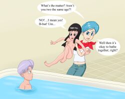 1boy 2girls barefoot black_hair blue_hair bulma dragon_ball dragon_ball_super loli mai_(dragon_ball) multiple_girls nude short_hair shota trunks_(dragon_ball) water