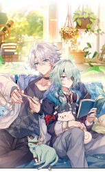 Rule 34 | 2boys, anaxa (honkai: star rail), animal, animalization, antenna hair, aqua eyes, aqua hair, black choker, black pants, black shirt, black vest, blue eyes, blue shirt, book, casual, chinese commentary, choker, commentary request, couch, crystal earrings, ddungw, dog, earrings, eyepatch, grey pants, hair intakes, hair over shoulder, handheld game console, highres, holding, holding animal, holding book, holding dog, holding handheld game console, honkai: star rail, honkai (series), jacket, jewelry, long hair, low ponytail, male focus, multicolored eyes, multiple boys, necklace, on couch, open clothes, open jacket, open shirt, pants, phainon (honkai: star rail), ponytail, purple eyes, shirt, short hair, sitting, two-tone eyes, vest, white hair, white jacket, white shirt